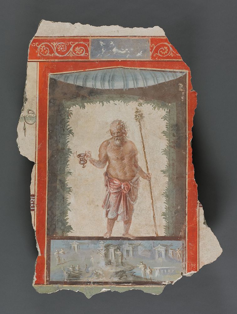 Fresco Fragments Depicting an Old Silenos with Kantharos and Thyrsos