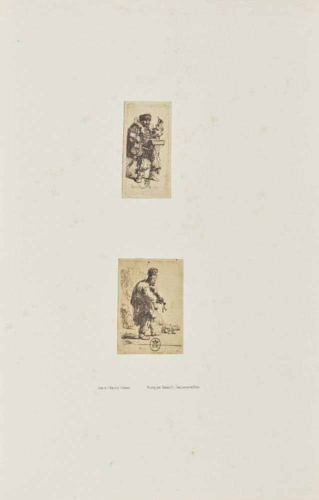 Two etchings by Rembrandt: "The Quacksalver" and "The Blind Fiddler" by Bisson Frères