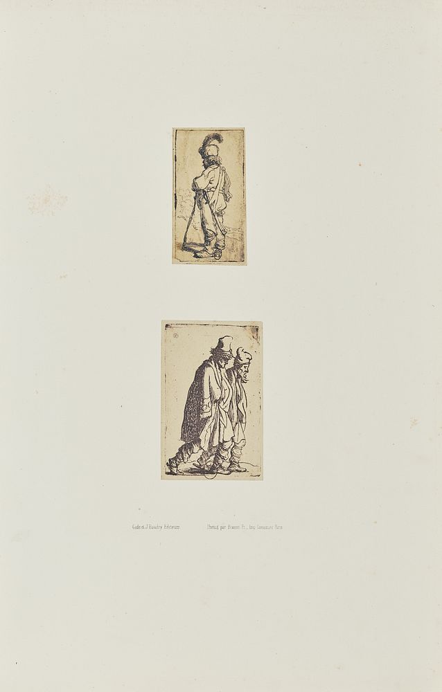 Two etchings by Rembrandt: "Polander Leaning on a Stick" and "Two Beggars Tramping Towards the Right by Bisson Frères