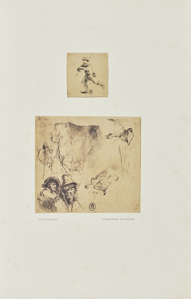 Two etchings by Rembrandt: "The Skater" and "Sheet of Studies, with a Woman Lying Ill in Bed, etc."  by Bisson Frères
