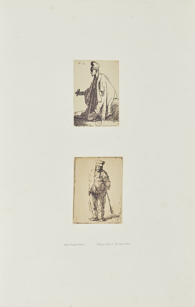 Two etchings by Rembrandt: "The Leper ('Lazarus Klep')" and "Ragged Peasant with His Hands Behind Him, Holding a Stick" by…