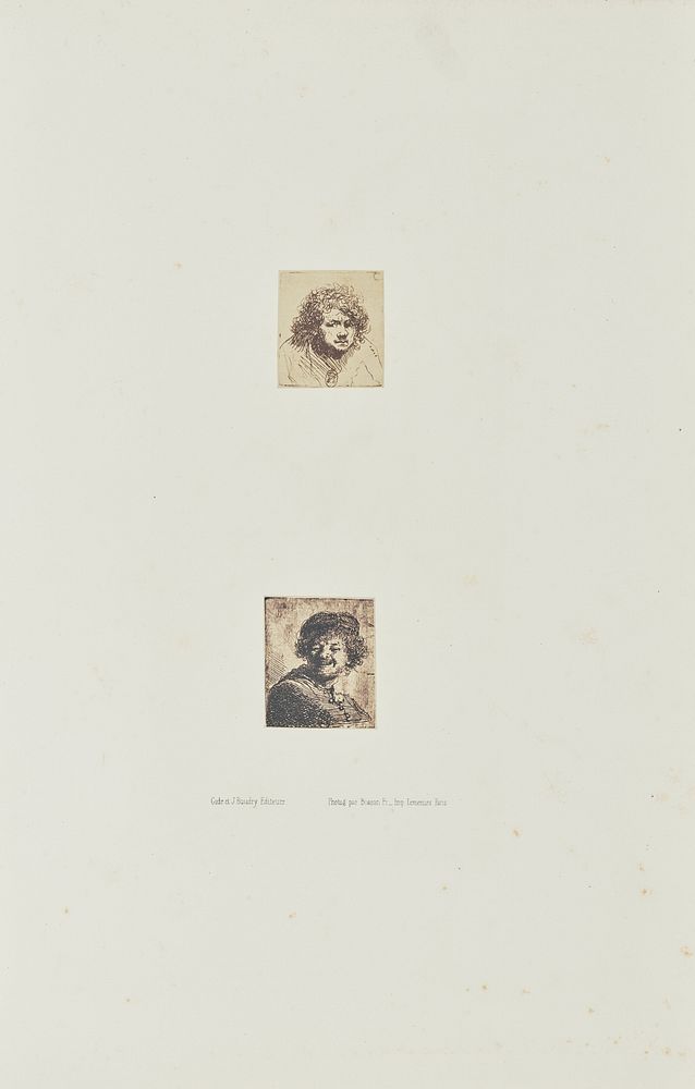 Two etchings by Rembrandt: "Self Portrait Leaning Forward: Bust" and "Self Portrait in a Cap: Laughing" by Bisson Frères