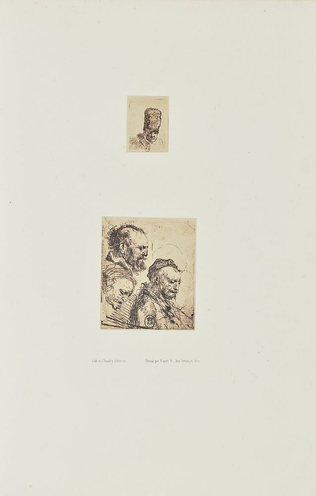 Two etchings by Rembrandt: "Head of an Old Man in High Fur Cap: Bust" and "Sheet of Studies with Three Heads of an Old Man"…