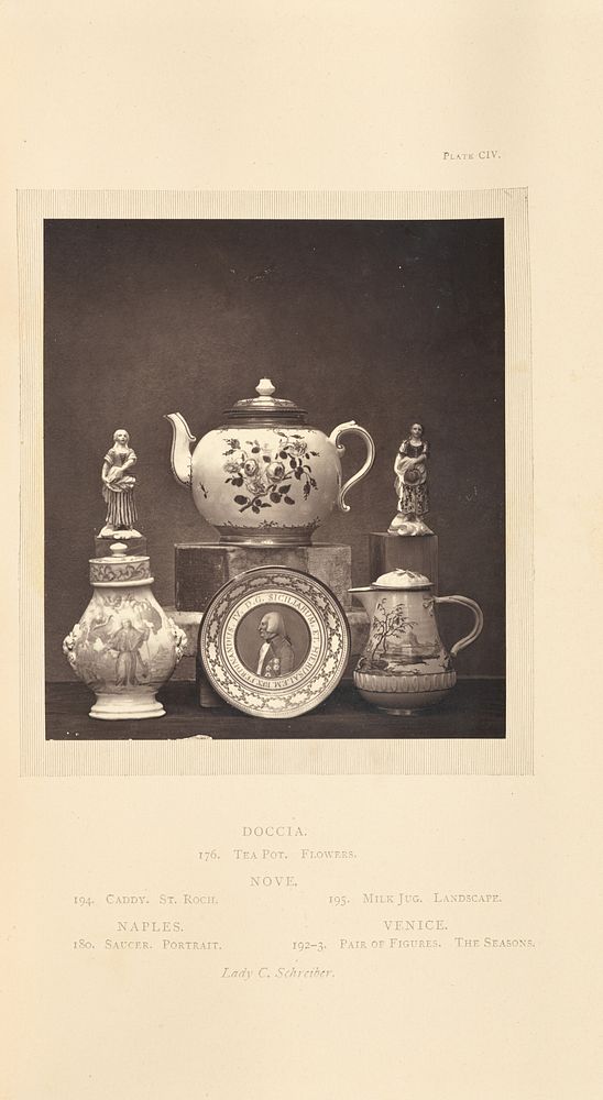 Teapot, figures, jugs, and saucer by William Chaffers