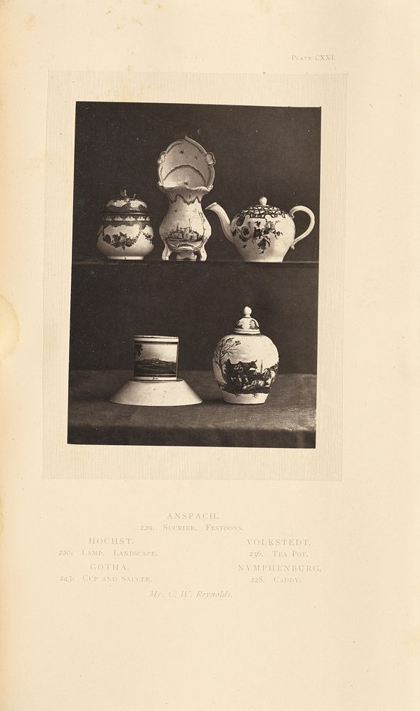 Tea pot, cup and saucer, sugar pot, tea caddy, and lamp by William Chaffers