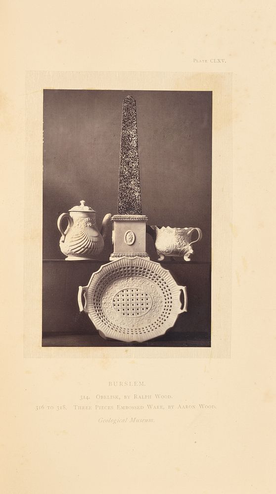 Obelisk, tea pot, milk pot, and plate by William Chaffers