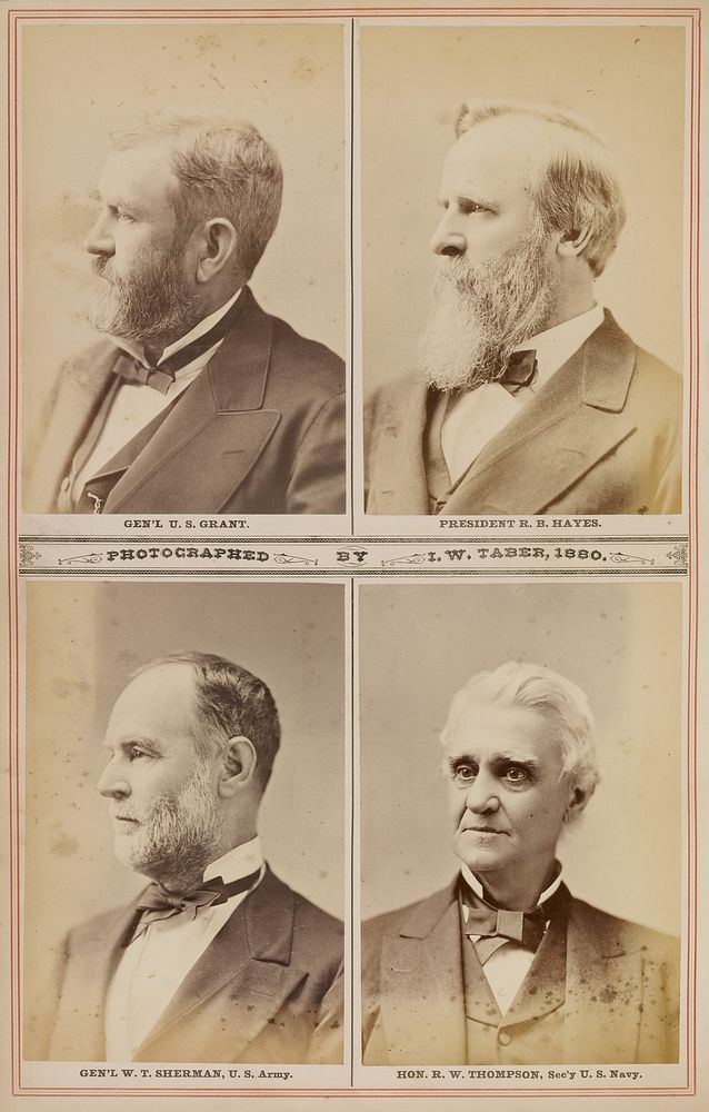 Portraits of Ulysses S. Grant, Rutherford B. Hayes, Richard W. Thompson, and William T. Sherman by I W Taber