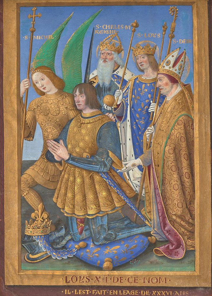 Louis XII of France Kneeling in Prayer, Accompanied by Saints Michael, Charlemagne, Louis, and Denis by Jean Bourdichon