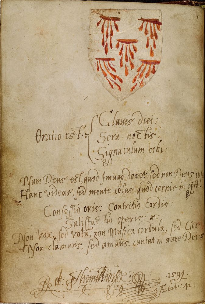 Blank Page with added inscription and pasted-in shield with the Five Wounds