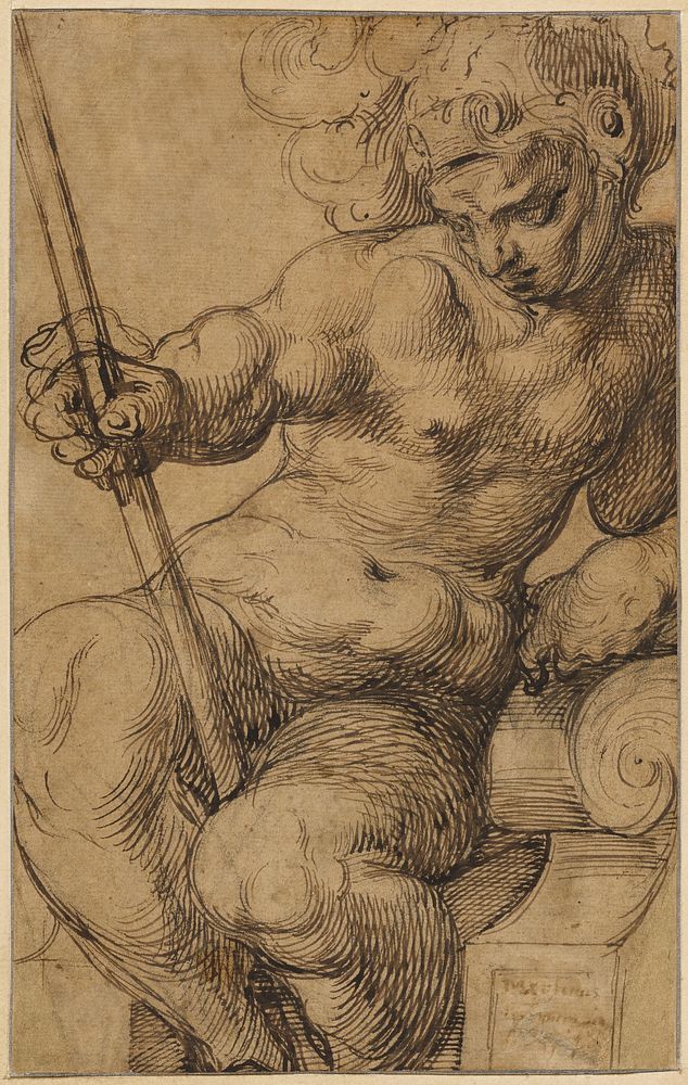 Nude Warrior (Mars?) Leaning over a Volute (recto); Nude Child Playing with a Viola (verso) by Toussaint Dubreuil
