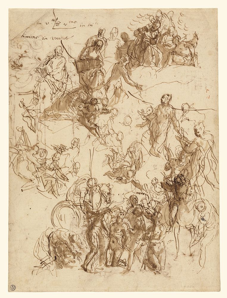 Sheet of Studies for "The Martyrdom of Saint George" (recto); Studies of a House, Tree, Heads, Artist's Tools, Decorative…