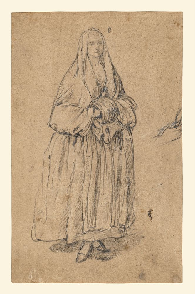 Standing Woman Holding a Muff, Turned Slightly to the Right (recto); Studies of Heads (verso) by Pietro Longhi