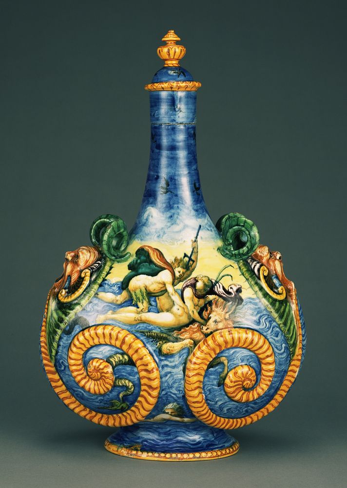 Pilgrim Flask with Marine Scenes by Fontana Workshop and Orazio Fontana