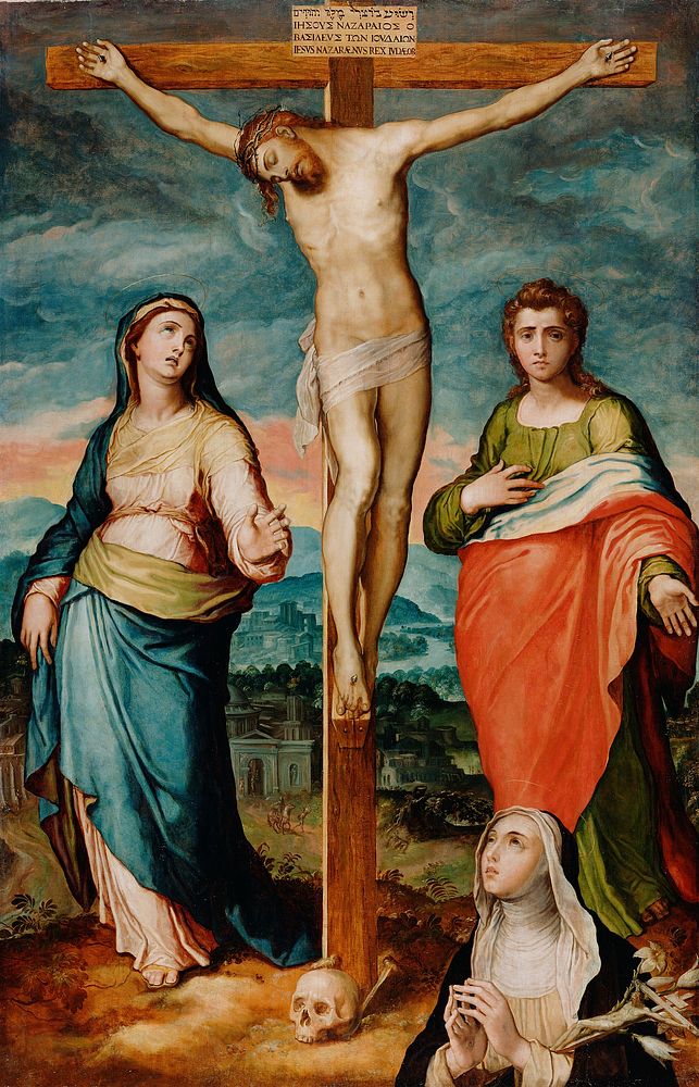 Christ on the Cross with the Virgin, Saint John the Evangelist, and Saint Catherine of Siena in Adoration by Marco Pino