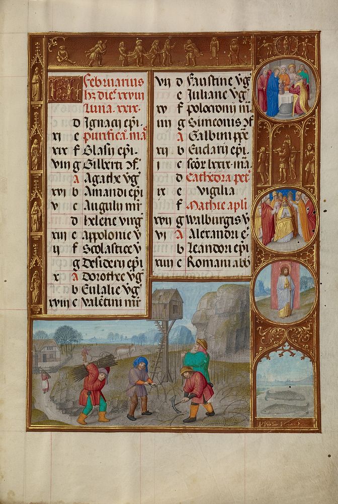 February Calendar Page; Working in a Vineyard; Pisces by Master of James IV of Scotland