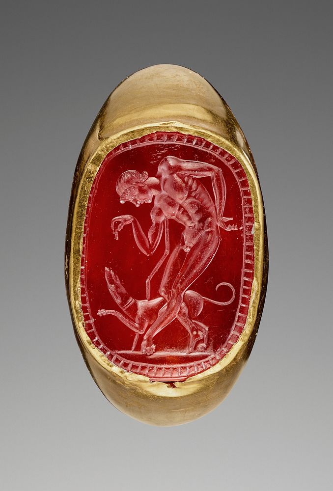 Engraved Gem with a Youth and his Dog inset into a Hollow Ring