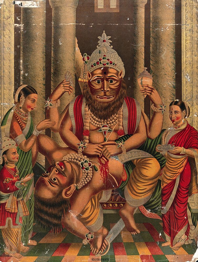 Narasimha disembowelling Haranyakasipu in front of his son and two female attendants. Chromolithograph.