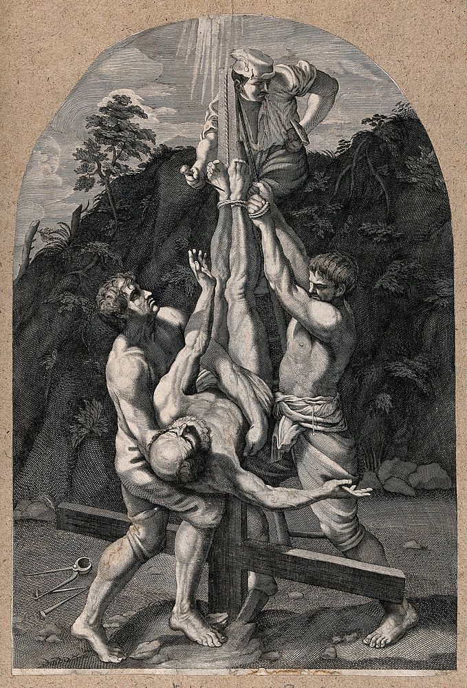 Martyrdom of Saint Peter. Engraving after G. Reni.