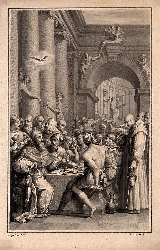 The supper of Saint Gregory. Drawing by F. Rosaspina, c. 1830, after G. Vasari.
