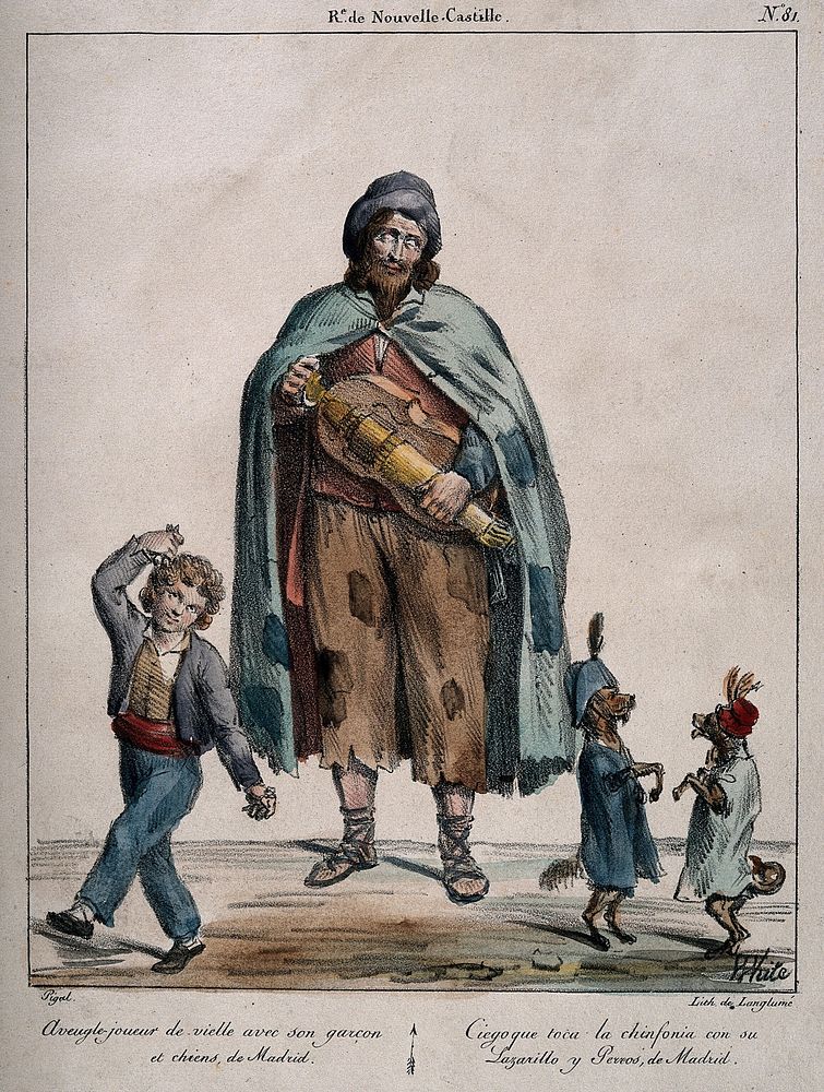 A blind hurdy gurdy player and his son and two dancing dogs. Coloured lithograph by White after E.J. Pigal.