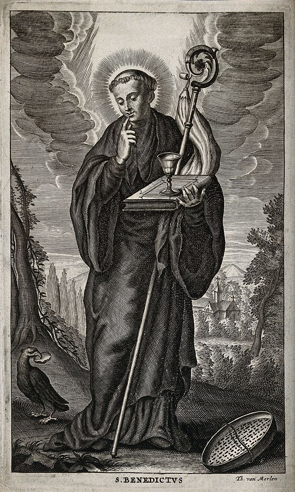 Saint Benedict: while he lives as a hermit in a cave near Subiaco, a raven protects him from poisoned bread. Engraving by T.…