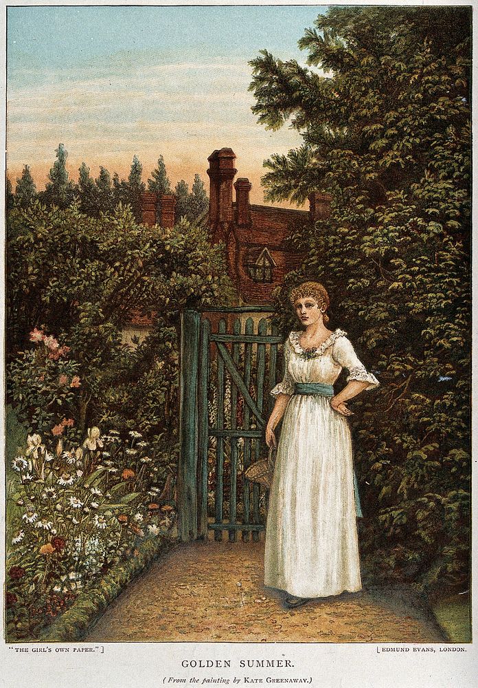 A young woman waiting in a garden by the gate. Photograph after Kate Greenaway.