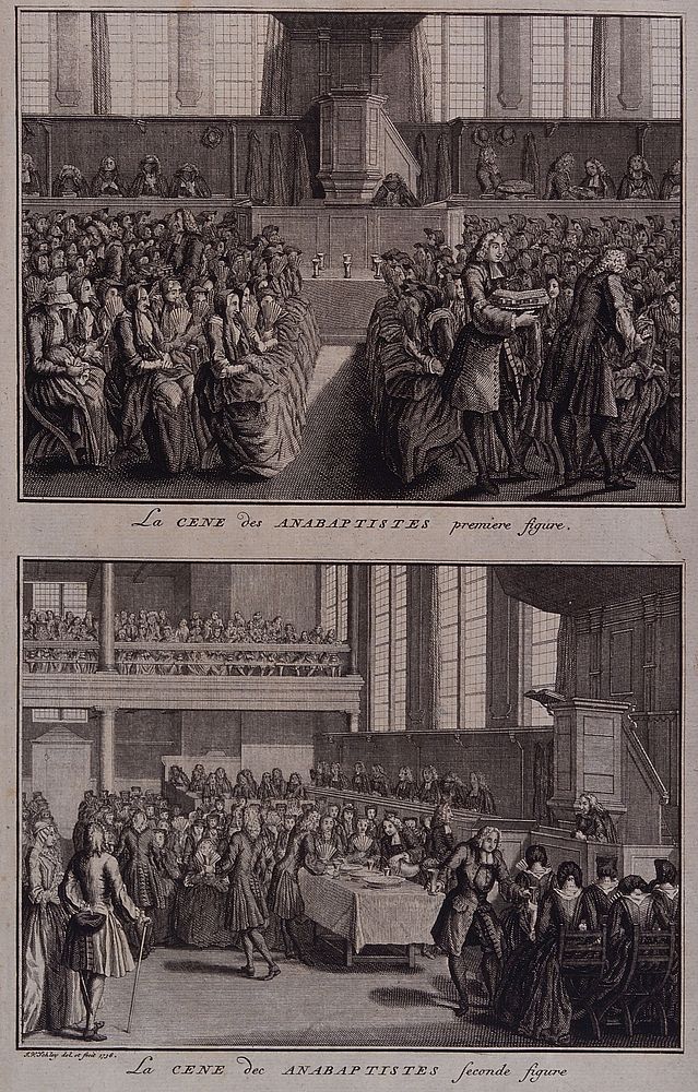 The communion as practiced by the Anabaptists: two scenes. Etching by J.V. Schley, 1736.