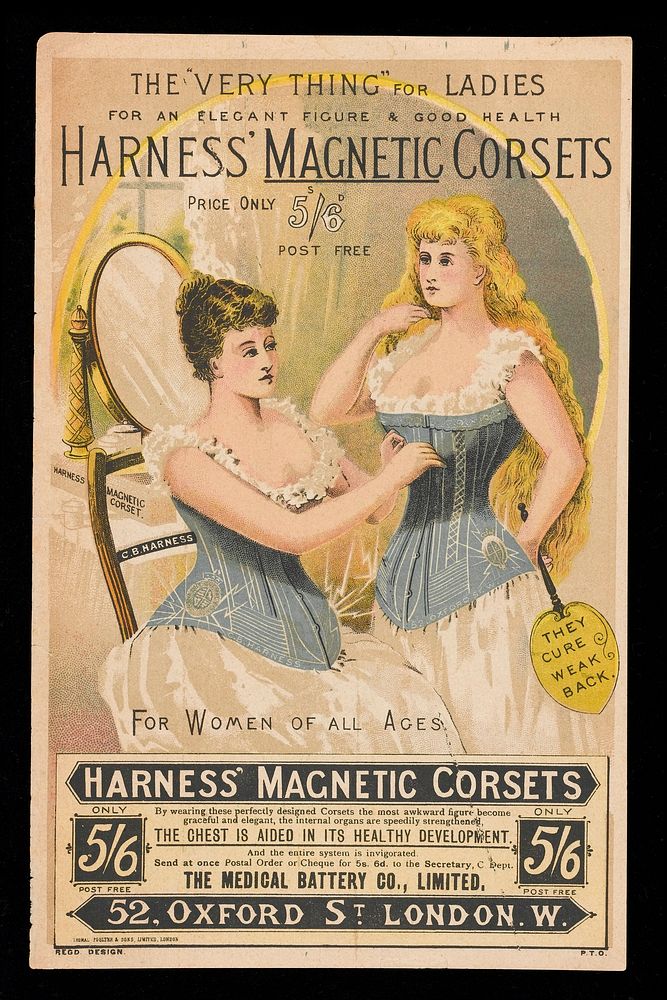 Advert for Harness' Magnetic Corsets which shows two woman, one seated and one standing, wearing the corsets. Available from…