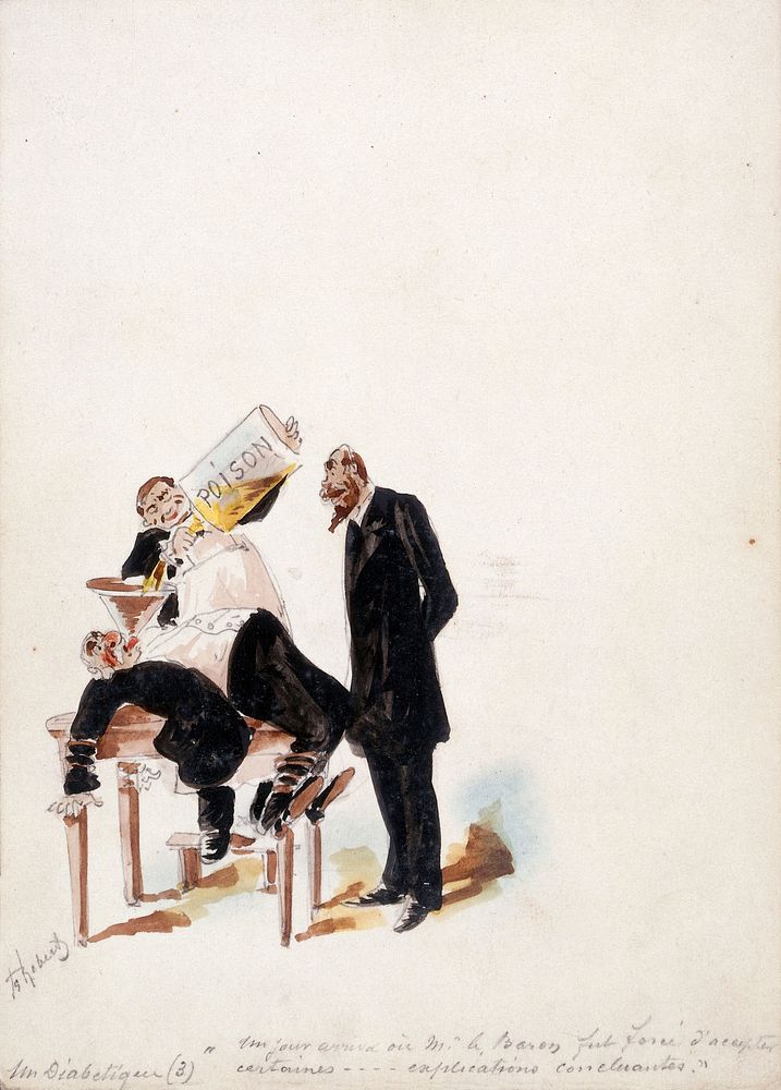 The Panama Canal: Baron de Reinach, one of the promoters of the canal, is forced to swallow poison. Watercolour drawing by…