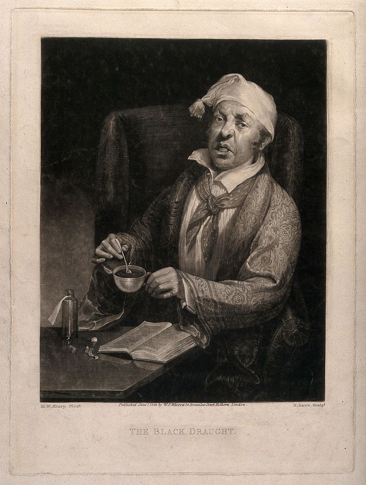 A sick man mixing a dose of medicine for himself from a book. Mezzotint by H. Dawe, 1824, after M.W. Sharp.