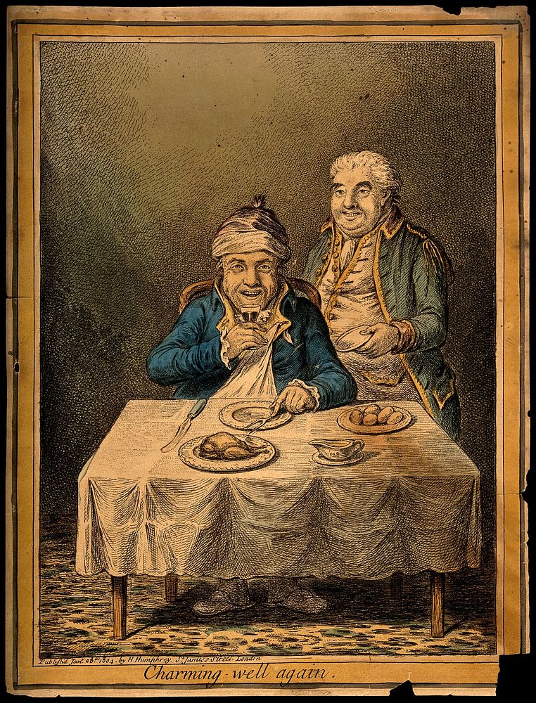 A convalescing man happily eating a meal, assisted by his grinning servant. Coloured etching by J. Gillray, 1804, after J.…