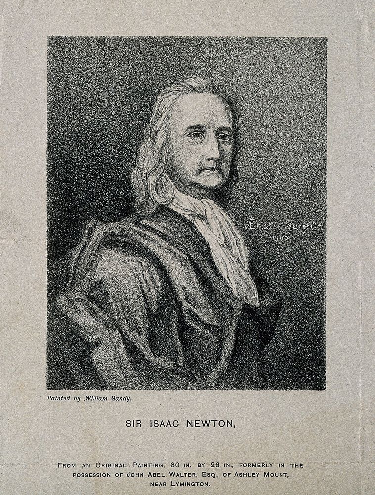 Sir Isaac Newton. Reproduction of lithograph after W. Gandy, 1706.