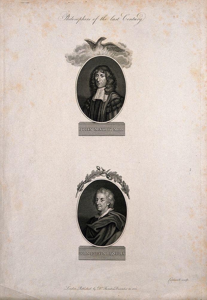 Philosophers: John Mayow, John Evelyn. Line engraving by J. Caldwall, 1800.