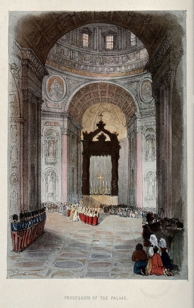 A procession of the Palms in St. Peter's at Rome. Coloured lithograph.
