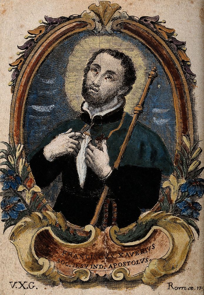 Saint Francis Xavier, head and shoulders in oval. Coloured engraving, 17--.