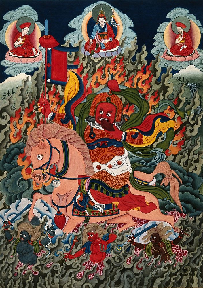 Tse Mara , a form of Dharmapala (protector of teachings), guardian of the Samye Monastery. Gouache painting by a Tibetan…