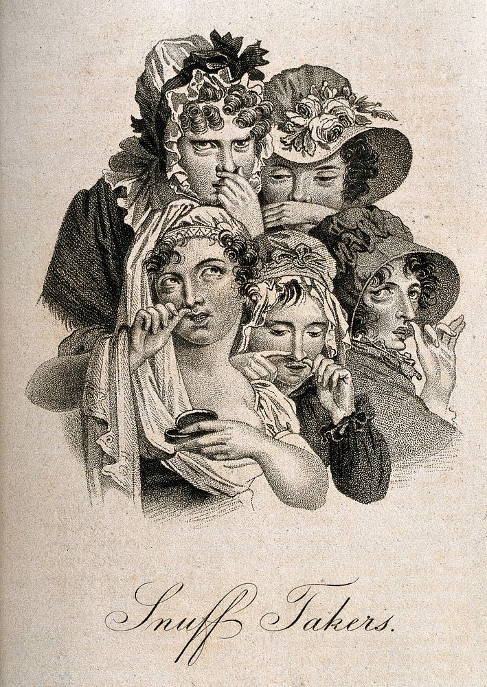 Five young women taking snuff. Stipple print after L. Boilly, ca. 1825.