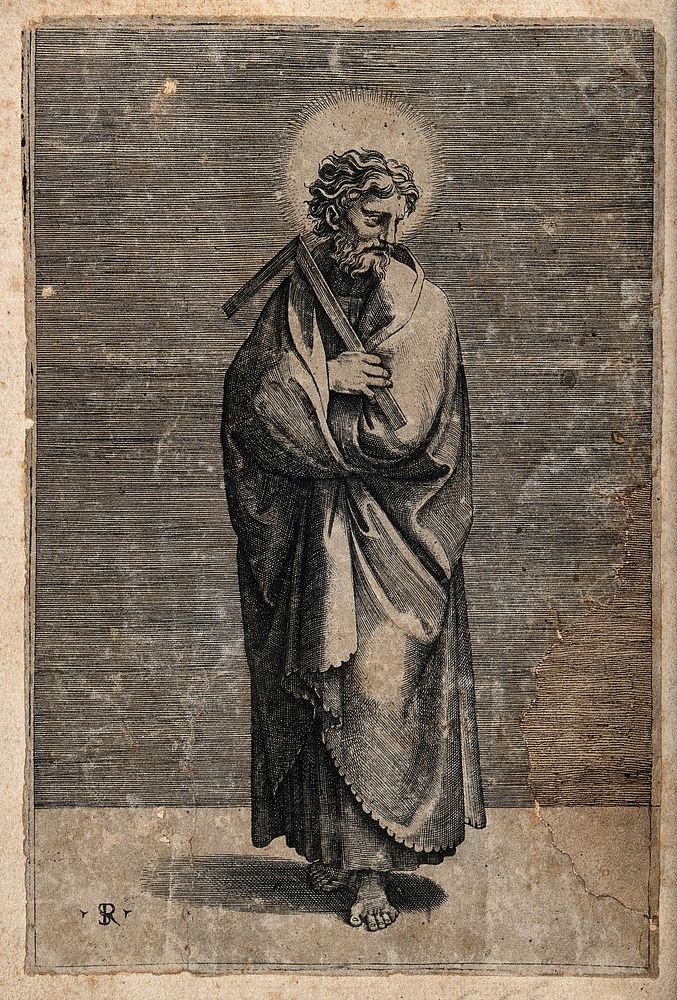 Saint Thomas. Line engraving by M. Dente (Marco da Ravenna) after Raphael.