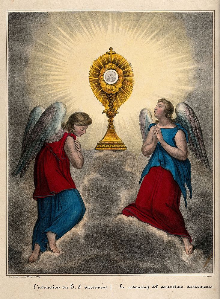 Angels venerating a monstrance. Coloured lithograph, 1842.