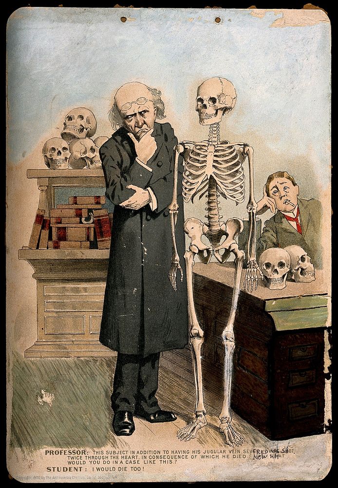A professor asking a medical student his prognosis for a particular case. Coloured process print, 1900.