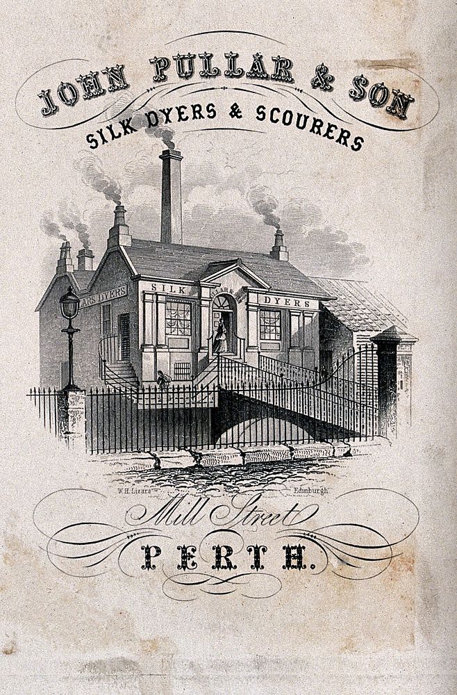 A silk dyeing factory with smoking chimneys; advertising John Pullar & Son, silk dyer and scourer at Perth, Scotland.…