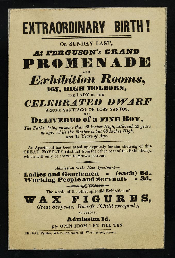 Extraordinary birth! : On Sunday last, at Ferguson's Grand Promenade and exhibition rooms, 167, High Holborn, the lady of…
