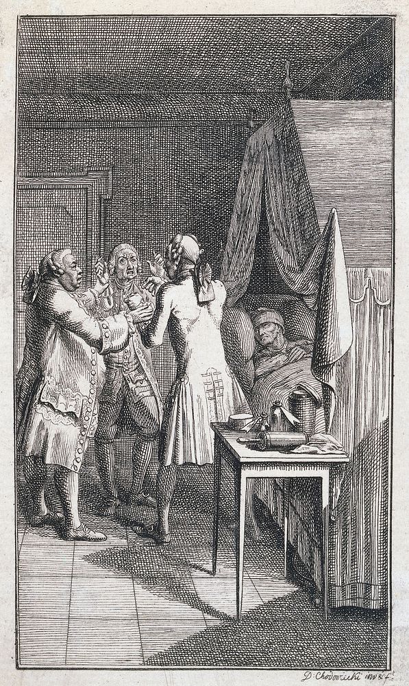 Doctors disputing, the patient is ignored. Etching by D.N. Chodowiecki, 1781.