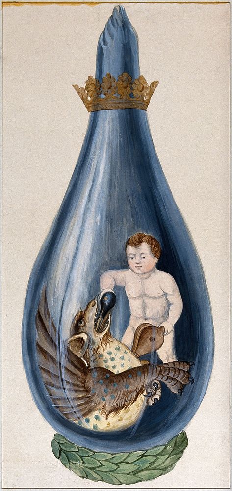 A putto pours a phial into a dragon's mouth, pumping a bellows with his other hand; representing the fixing of volatile…