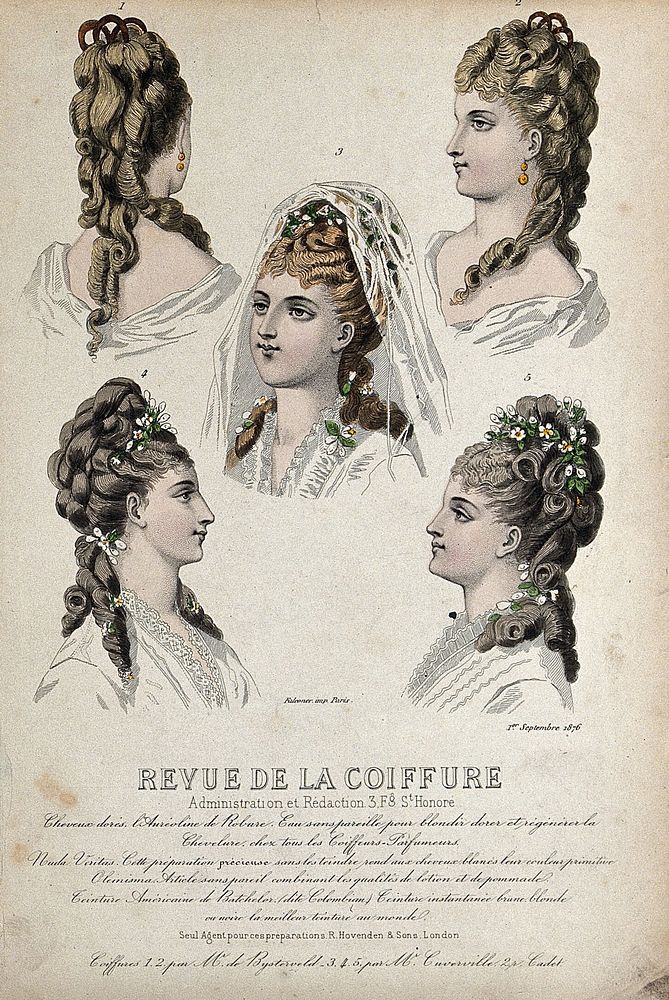 The heads and shoulders of five women with their hair combed back and dresed with high chignons and flowers; the central…