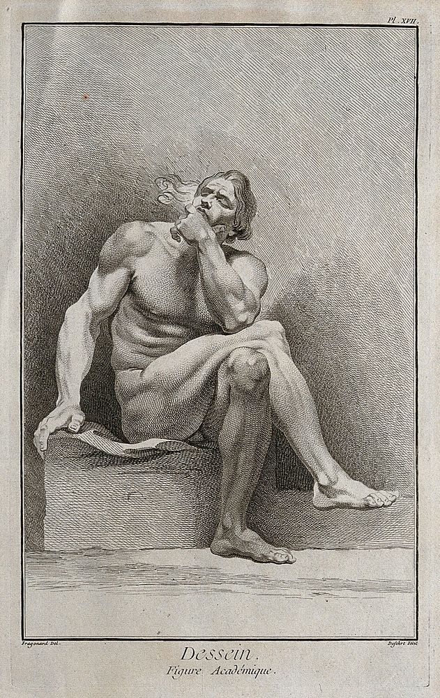 A seated male nude figure. Engraving by Defehrt after J.H. Fragonard.