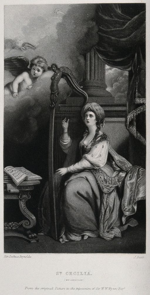 Mrs Sheridan as Saint Cecilia. Reproduction of mezzotint by J. Scott after Sir J. Reynolds.