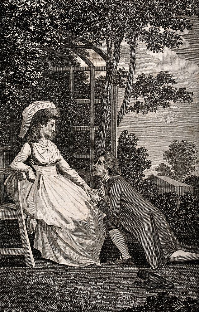 A young man has discarded his hat on the grass and is gazing imploringly up into the face of a young woman. Engraving.