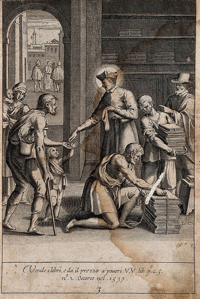 Saint Philip Neri and other figures. Engraving by L. Ciamberlano .