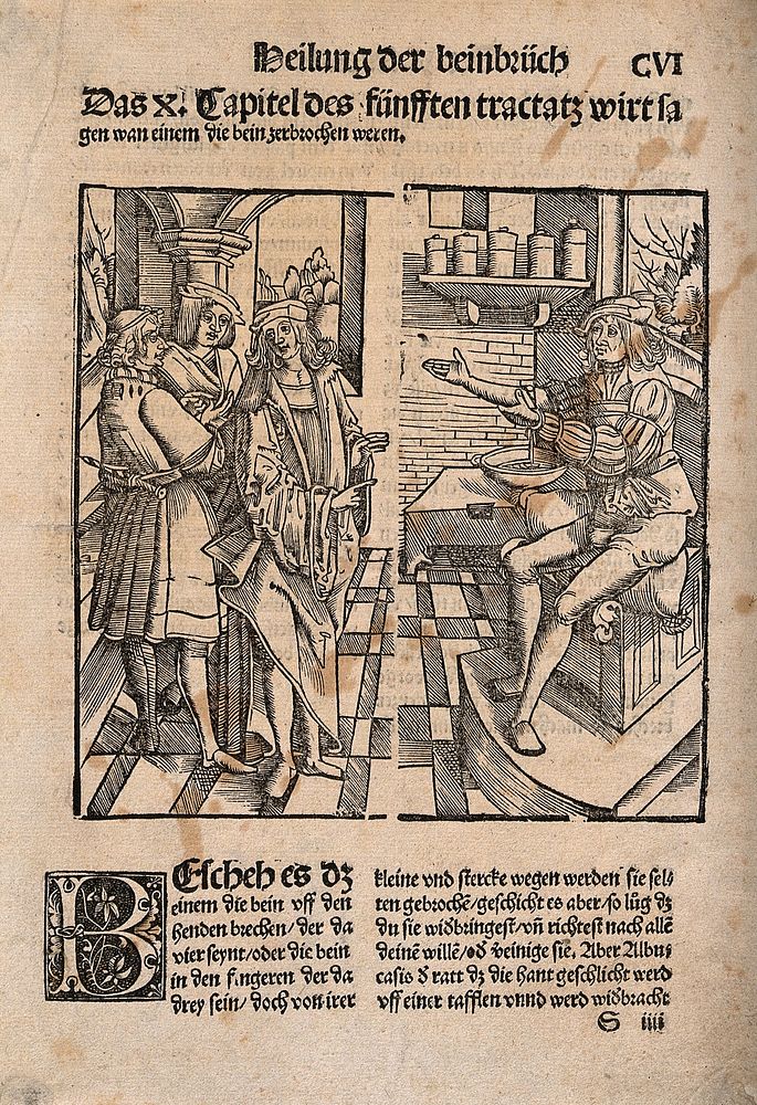 An apothecary in his shop, with three customers. Woodcut.